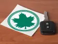 Zielony listek na samochodzie, symbol natury, obok kluczyka do auta.