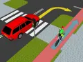 Rowerzysta jedzie ścieżką rowerową, a samochód czeka na zielone światło. Zasada chodnika jest jasna: piesi mają pierwszeństwo na pasach.