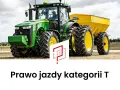 Zielony traktor z żółtym rozsiewaczem, gotowy do pracy na polu. Prowadzenie takiego sprzętu wymaga prawa jazdy kategorii T.