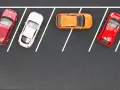 Czerwony, biały i pomarańczowy samochodzik na parkingu. Wykonują parkowanie równoległe przodem, zajmując miejsca wyznaczone białymi liniami.