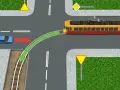 Sytuacja na skrzyżowaniu: niebieski samochód skręca, a tramwaj, który nie ma pierwszeństwa, zbliża się z prawej strony.