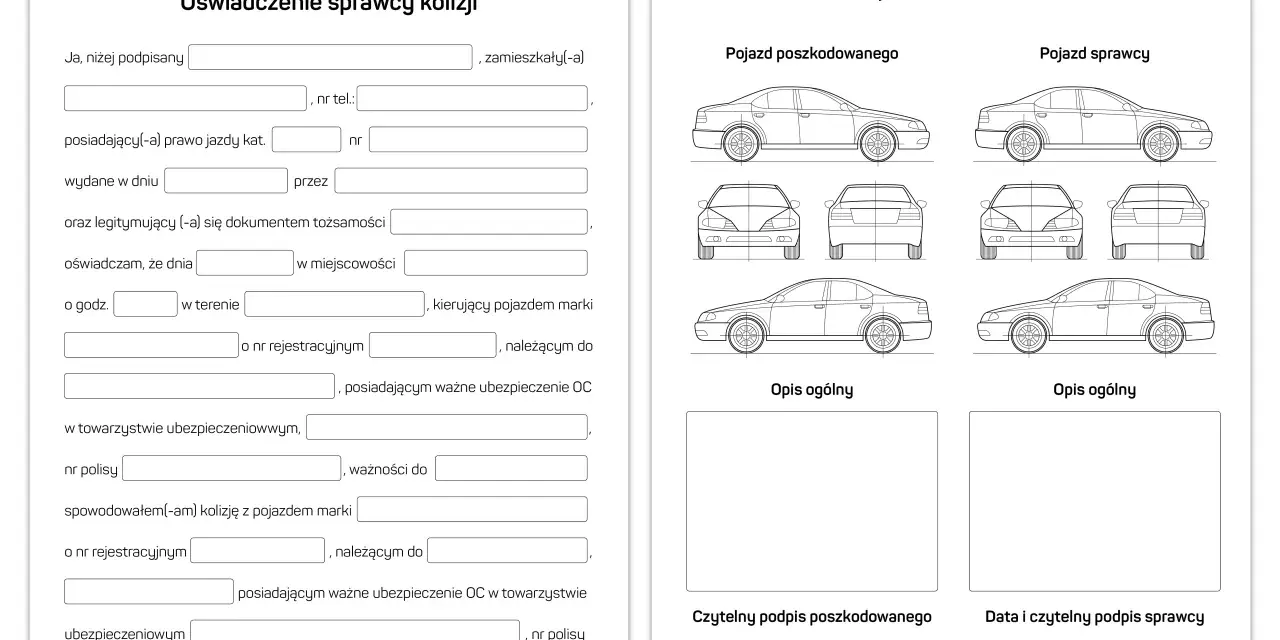 Oświadczenie sprawcy szkody parkingowej, zawierające dane kierowcy, pojazdu i opis zdarzenia.