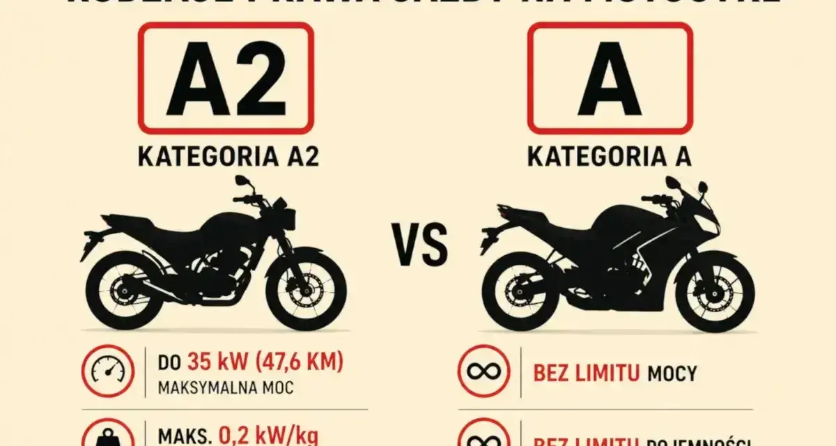 Porównanie kategorii A2 i A prawa jazdy na motor. A2: do 35 kW mocy, A: bez limitu mocy i pojemności.