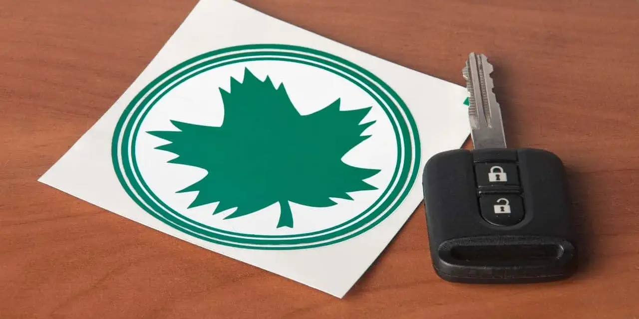Zielony listek na samochodzie, symbol natury, obok kluczyka do auta.