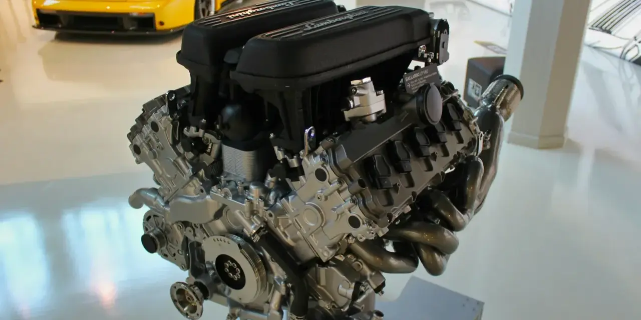 Silnik Lamborghini V10. Zatarte objawy mogą być widoczne w jego skomplikowanej budowie, ale ten jest w idealnym stanie.