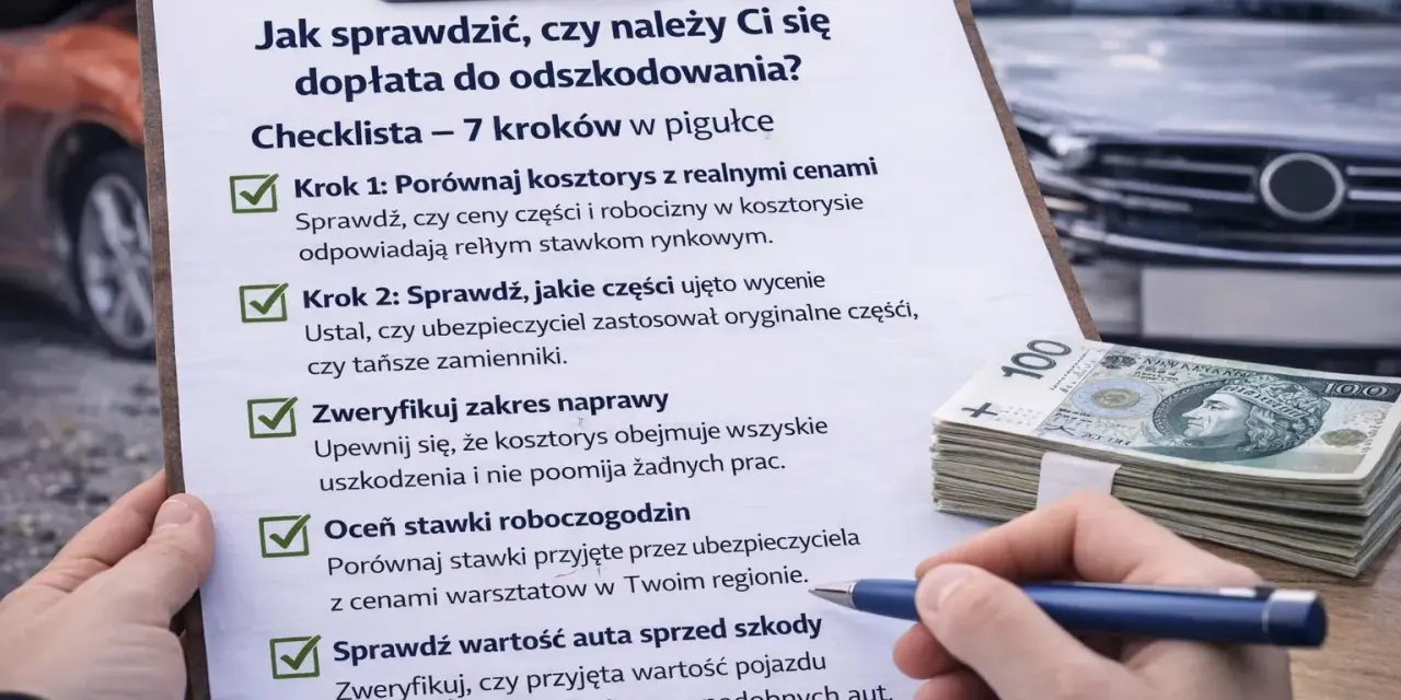 Checklista do wypłaty odszkodowania na podstawie kosztorysu. Porównaj ceny części i robocizny, zweryfikuj zakres naprawy i oblicz dopłatę.
