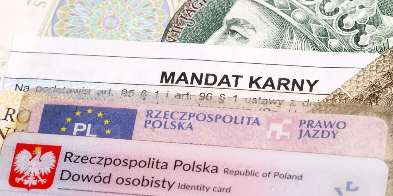 Mandat karny, prawo jazdy i dowód osobisty na tle banknotów. Czy to zapowiedź najtrudniejszych pytań na prawo jazdy?
