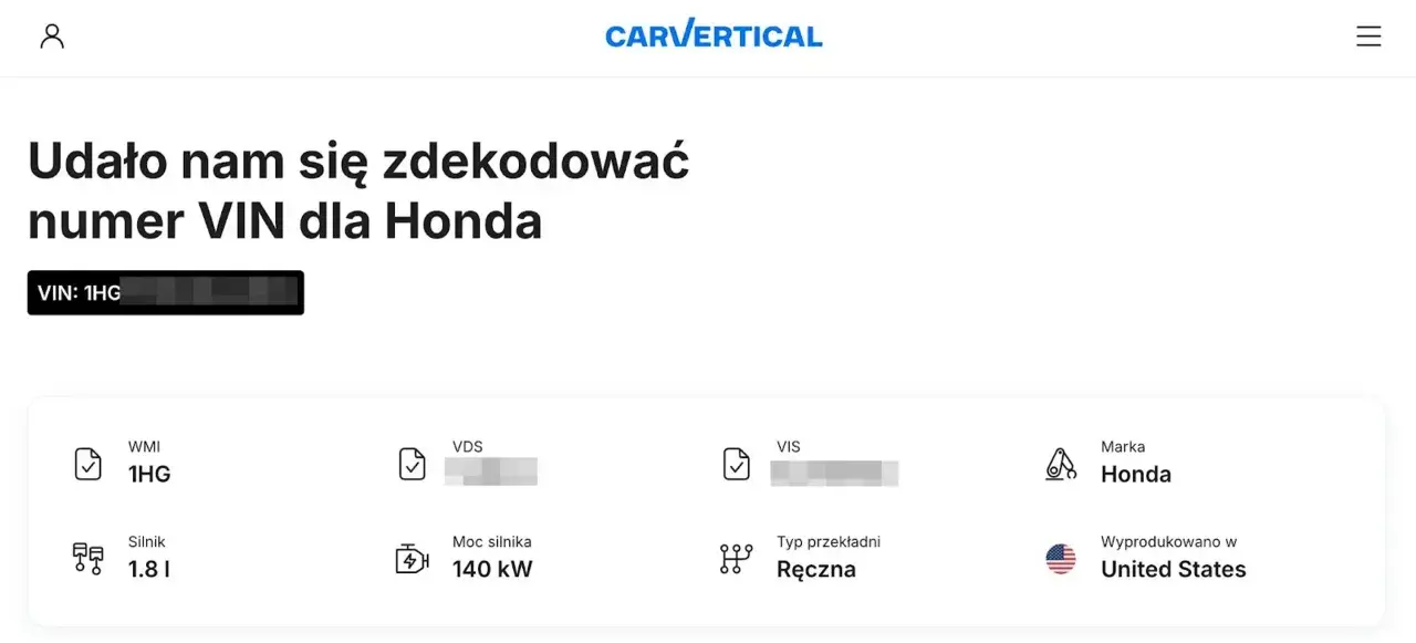 Jak sprawdzić wyposażenie auta po VIN? Wyniki dekodowania numeru VIN dla Hondy: silnik 1.8l, 140 kW, skrzynia ręczna, produkcja USA.