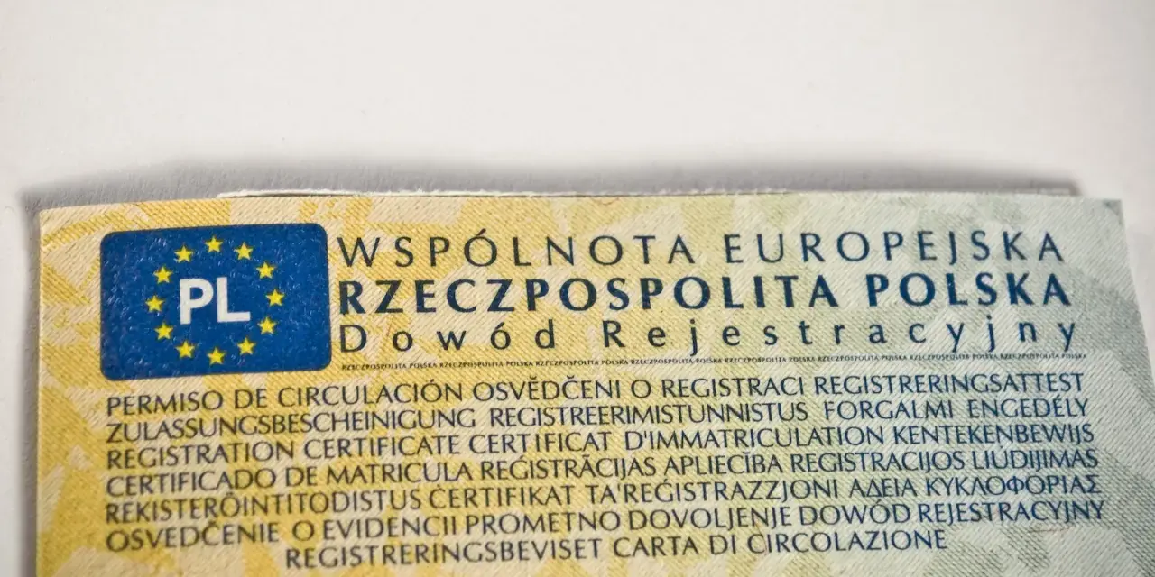 Fragment dowodu rejestracyjnego z oznaczeniem PL i tekstem w wielu językach, w tym "Dowód Rejestracyjny".