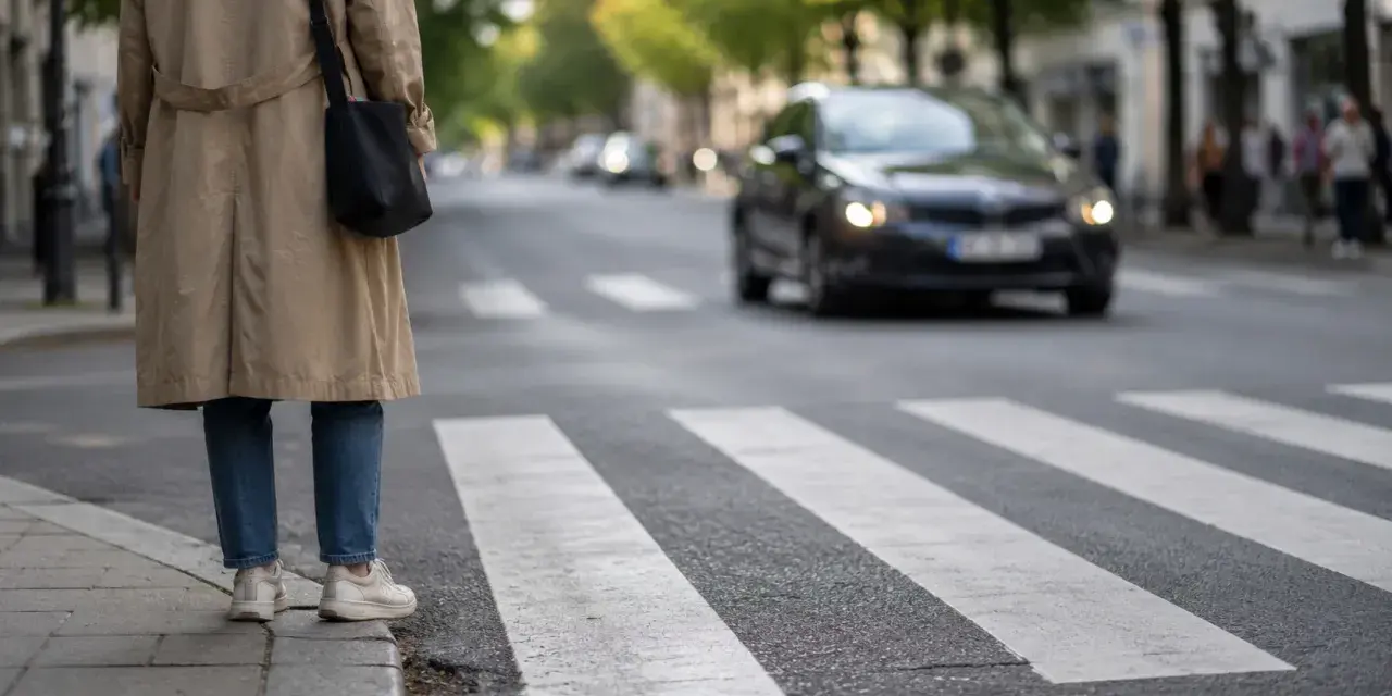 Osoba czeka na chodniku przy pasach. Samochód zbliża się do przejścia, ale czy pieszy zbliżający się do przejścia ma pierwszeństwo?