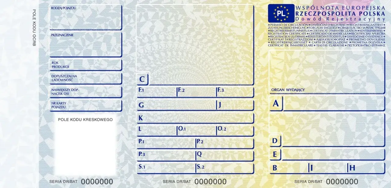 Dowód rejestracyjny z oznaczeniami pojazdu, jego przeznaczenia i danych technicznych. Widoczne pola na wpisanie numerów i dat.