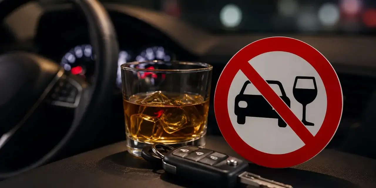 Kary za jazdę po alkoholu są surowe. Na zdjęciu kluczyki do auta, szklanka z whisky i znak zakazu prowadzenia pojazdów po spożyciu alkoholu.