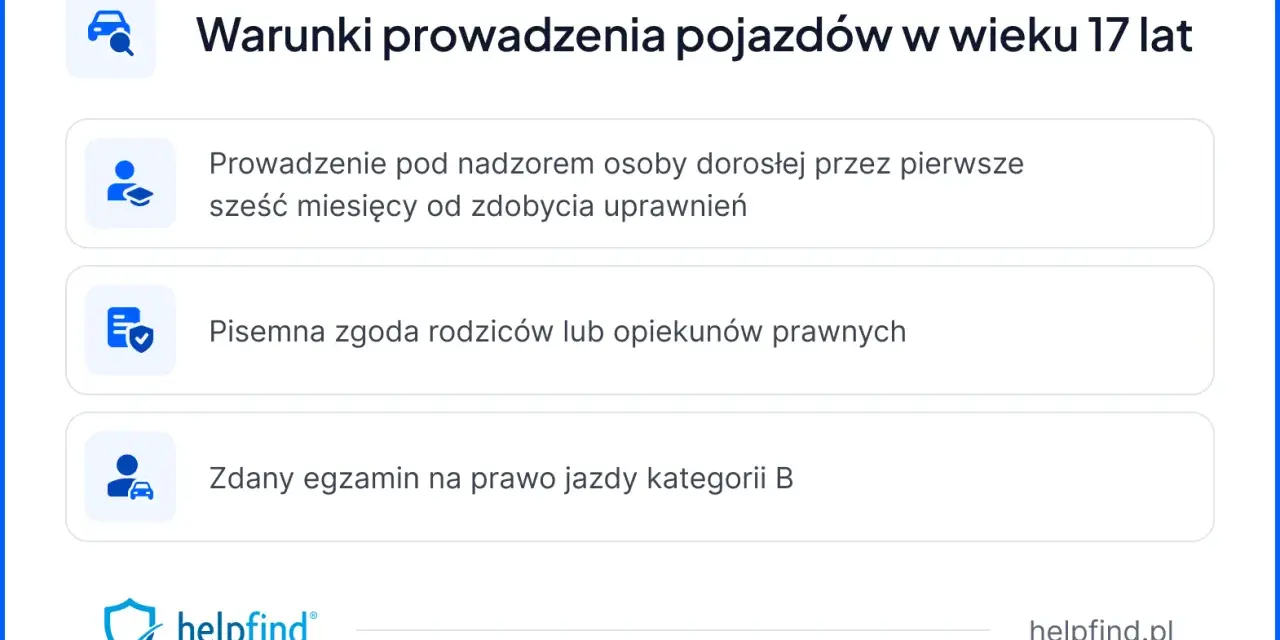 Warunki prowadzenia pojazdów w wieku 17 lat: nadzór, zgoda rodziców i zdany egzamin na prawo jazdy.