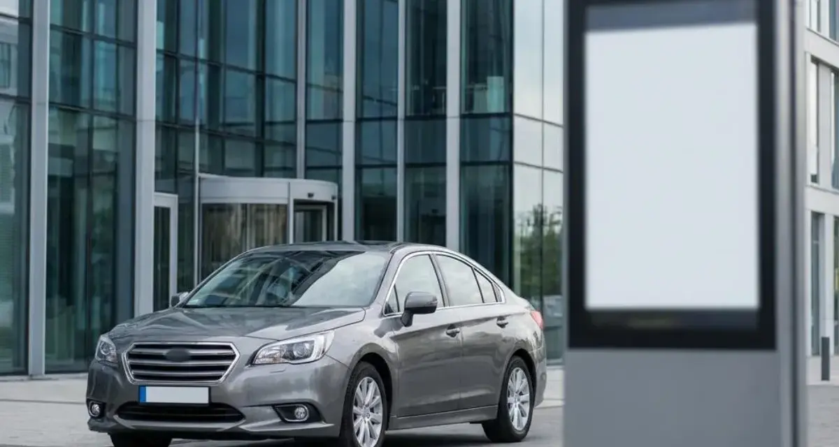 Szary sedan przed nowoczesnym budynkiem. Czy można zarejestrować samochód online? Pusta tablica reklamowa obok.