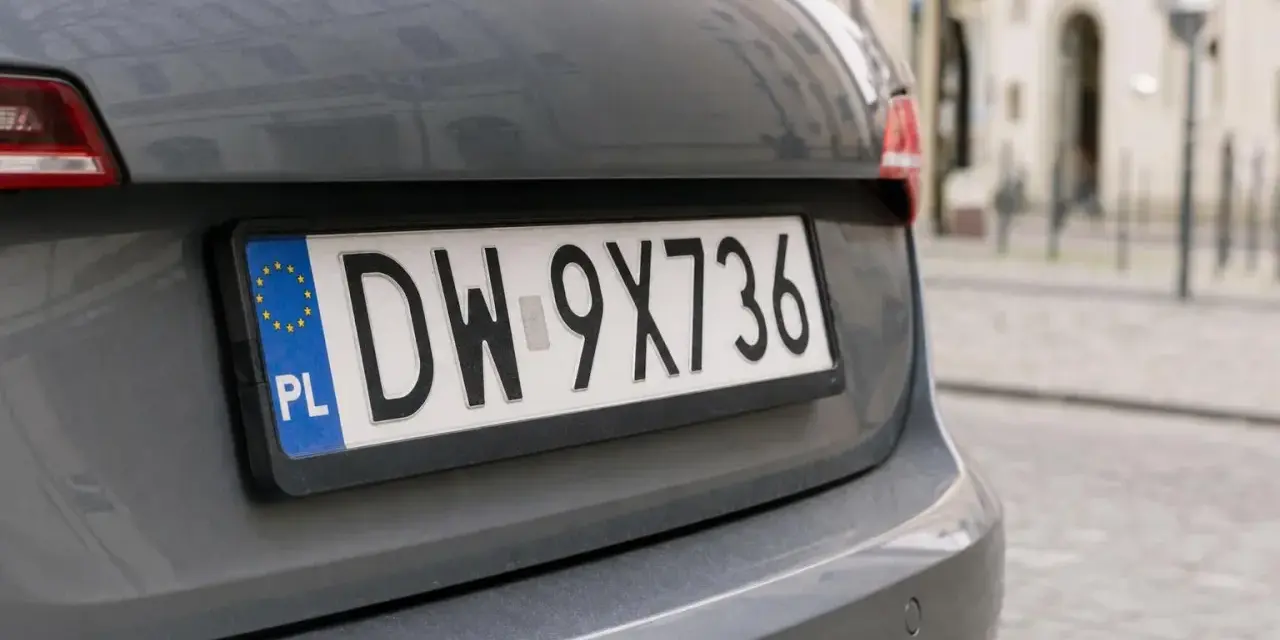 Polskie tablice rejestracyjne województwa z numerem DW-9X736 na szarym samochodzie.