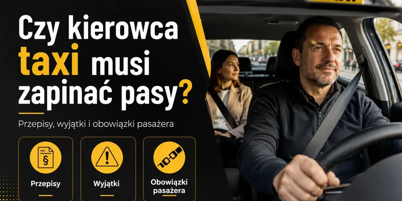 Kierowca taxi zapina pasy, podobnie jak pasażerka z tyłu. Grafika pyta, czy kierowca taxi musi zapinać pasy, prezentując przepisy i obowiązki.