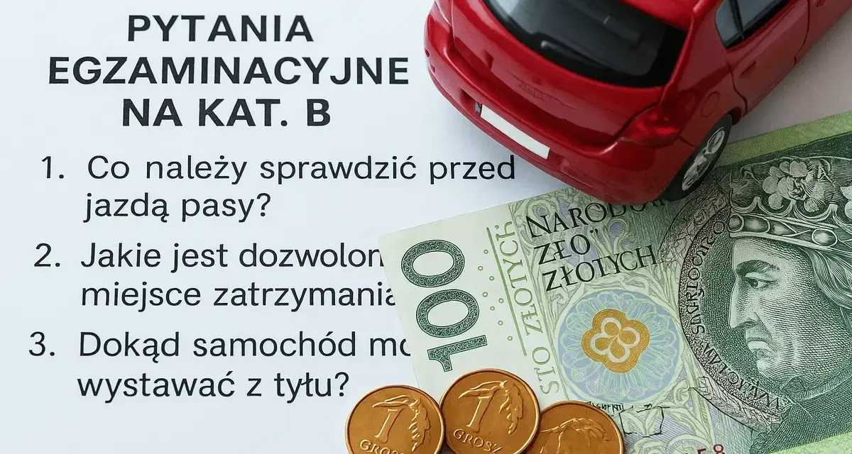 Pytania egzaminacyjne na kat. B, czerwony samochodzik, banknot 100 zł i grosze. Zastanawiasz się, ile teraz kosztuje prawo jazdy?