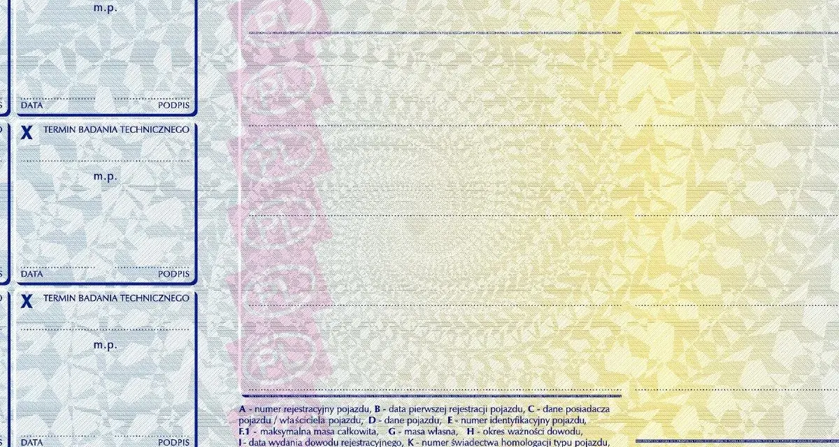 Sekcje na dowodzie rejestracyjnym pojazdu, gdzie wpisuje się daty badań technicznych. Wpis "X" oznacza potwierdzenie badania, a pola na datę i podpis wskazują na koniec dowodu rejestracyjnego.