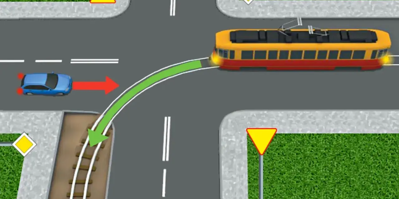 Sytuacja na skrzyżowaniu: niebieski samochód skręca, a tramwaj, który nie ma pierwszeństwa, zbliża się z prawej strony.