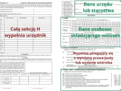 Wniosek o wydanie lub wymianę prawa jazdy, gdzie dane urzędu lub starostwa, dane osobowe składającego wniosek oraz informacje o wydanym dokumencie są kluczowe.