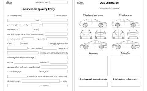 Oświadczenie sprawcy szkody parkingowej, zawierające dane kierowcy, pojazdu i opis zdarzenia.