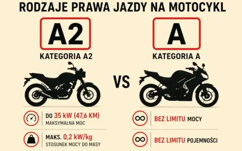 Porównanie kategorii A2 i A prawa jazdy na motor. A2: do 35 kW mocy, A: bez limitu mocy i pojemności.