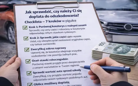 Checklista do wypłaty odszkodowania na podstawie kosztorysu. Porównaj ceny części i robocizny, zweryfikuj zakres naprawy i oblicz dopłatę.