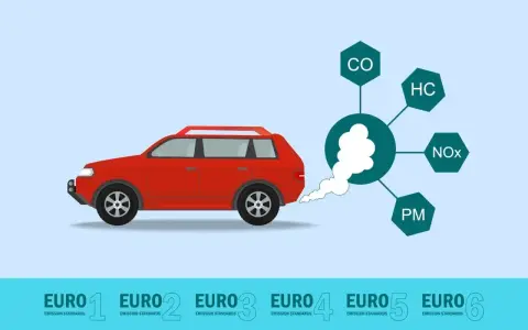 Czerwony samochód emituje dym z wydechu, który symbolizuje zanieczyszczenia (CO, HC, NOx, PM). Poniżej widoczne są normy emisji spalin, od EURO 1 do EURO 6.