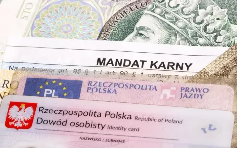 Mandat karny, prawo jazdy i dowód osobisty na tle banknotów. Czy to zapowiedź najtrudniejszych pytań na prawo jazdy?