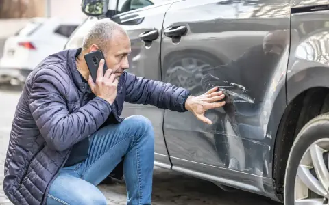 Mężczyzna sprawdza telefonem głębokie zarysowania na samochodzie, zgłaszając szkoda komunikacyjna.