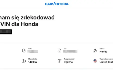 Jak sprawdzić wyposażenie auta po VIN? Wyniki dekodowania numeru VIN dla Hondy: silnik 1.8l, 140 kW, skrzynia ręczna, produkcja USA.