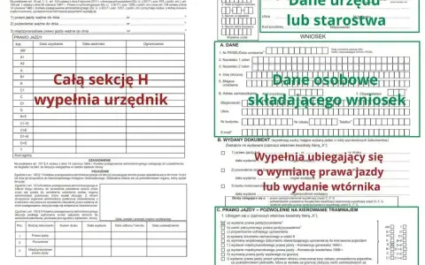 Wniosek o wydanie lub wymianę prawa jazdy, gdzie dane urzędu lub starostwa, dane osobowe składającego wniosek oraz informacje o wydanym dokumencie są kluczowe.