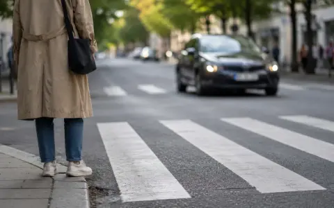 Osoba czeka na chodniku przy pasach. Samochód zbliża się do przejścia, ale czy pieszy zbliżający się do przejścia ma pierwszeństwo?