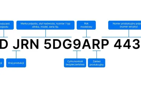 Schemat VIN: 2DJRN5DG9ARP44305. Określa producenta, markę, rok, numer seryjny, kraj produkcji, cyfrę kontroli i zakład produkcyjny. Pozwala to ustalić kod lakieru po VIN.