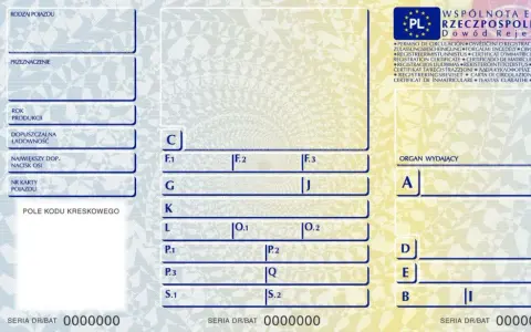 Dowód rejestracyjny z oznaczeniami pojazdu, jego przeznaczenia i danych technicznych. Widoczne pola na wpisanie numerów i dat.