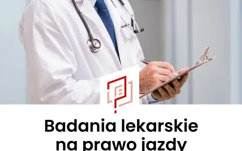 Lekarz w białym kitlu z notatnikiem i stetoskopem. Informacja o badaniach na prawo jazdy.