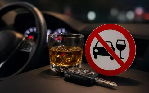 Kary za jazdę po alkoholu są surowe. Na zdjęciu kluczyki do auta, szklanka z whisky i znak zakazu prowadzenia pojazdów po spożyciu alkoholu.