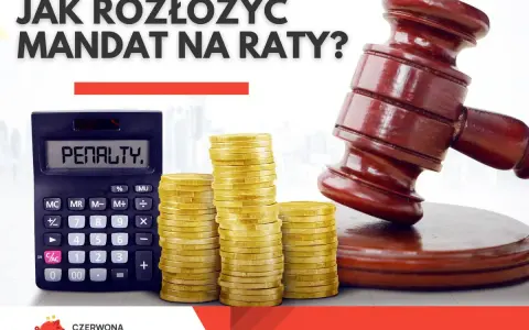 Młotek sędziowski, stos monet i kalkulator z napisem "PENALTY." sugerują, że warto dowiedzieć się, czy mandat można rozłożyć na raty.