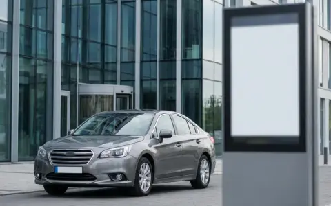 Szary sedan przed nowoczesnym budynkiem. Czy można zarejestrować samochód online? Pusta tablica reklamowa obok.
