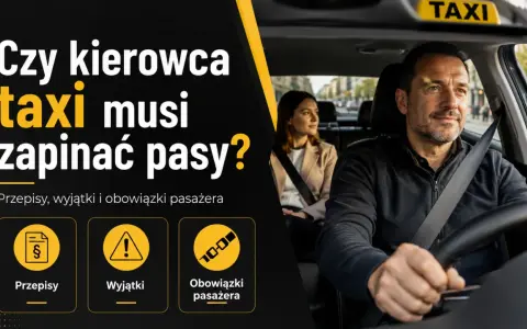 Kierowca taxi zapina pasy, podobnie jak pasażerka z tyłu. Grafika pyta, czy kierowca taxi musi zapinać pasy, prezentując przepisy i obowiązki.