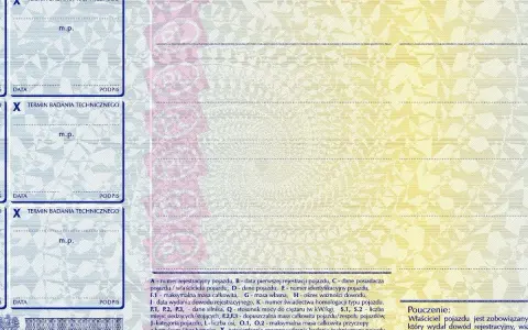 Sekcje na dowodzie rejestracyjnym pojazdu, gdzie wpisuje się daty badań technicznych. Wpis "X" oznacza potwierdzenie badania, a pola na datę i podpis wskazują na koniec dowodu rejestracyjnego.