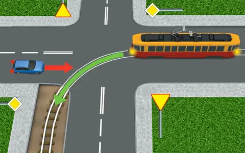 Sytuacja na skrzyżowaniu: niebieski samochód skręca, a tramwaj, który nie ma pierwszeństwa, zbliża się z prawej strony.