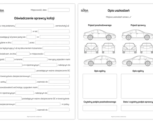 Oświadczenie sprawcy szkody parkingowej, zawierające dane kierowcy, pojazdu i opis zdarzenia.