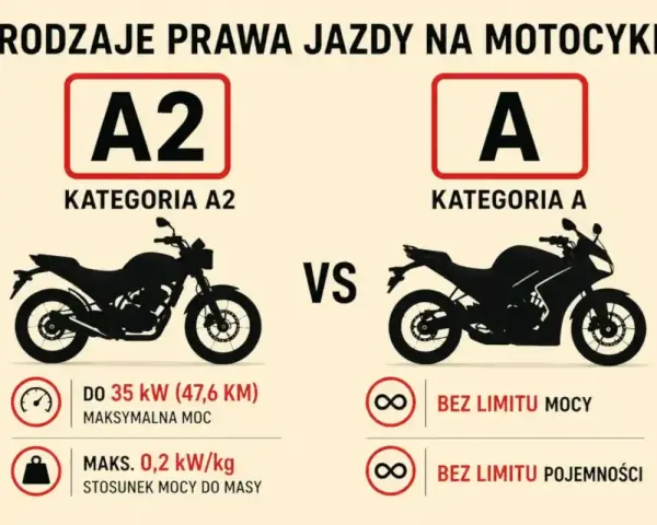 Porównanie kategorii A2 i A prawa jazdy na motor. A2: do 35 kW mocy, A: bez limitu mocy i pojemności.