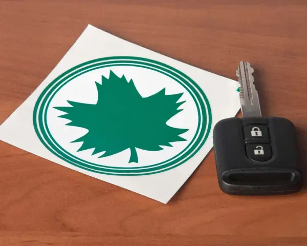 Zielony listek na samochodzie, symbol natury, obok kluczyka do auta.