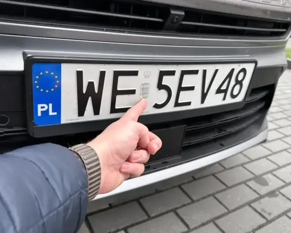 Palec wskazuje hologram na tablicy rejestracyjnej. Uniknij kary za nieprzerejestrowanie pojazdu, dbając o aktualność dokumentów.