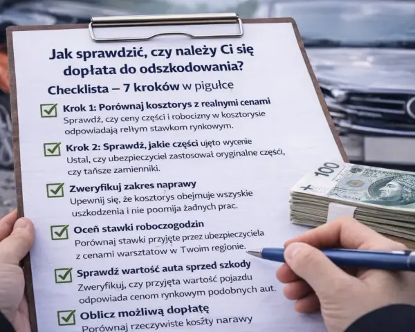 Checklista do wypłaty odszkodowania na podstawie kosztorysu. Porównaj ceny części i robocizny, zweryfikuj zakres naprawy i oblicz dopłatę.