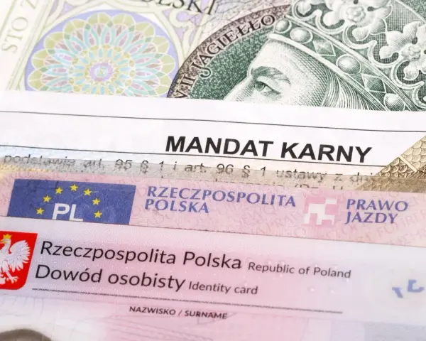 Mandat karny, prawo jazdy i dowód osobisty na tle banknotów. Czy to zapowiedź najtrudniejszych pytań na prawo jazdy?