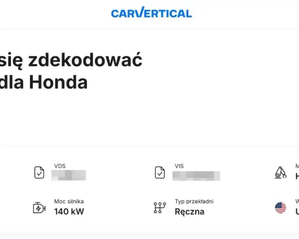 Jak sprawdzić wyposażenie auta po VIN? Wyniki dekodowania numeru VIN dla Hondy: silnik 1.8l, 140 kW, skrzynia ręczna, produkcja USA.