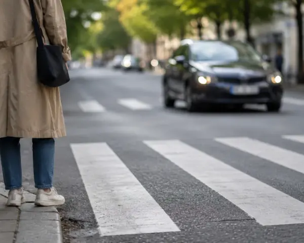 Osoba czeka na chodniku przy pasach. Samochód zbliża się do przejścia, ale czy pieszy zbliżający się do przejścia ma pierwszeństwo?